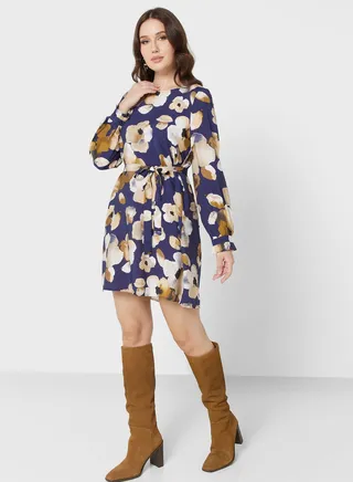 Belted Floral Print Dress 