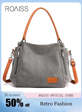 Large Capacity Shoulder Tote Bag Casual Canvas Handbag Crossbody with Long Strap Multi Pocket for Young Women Teenagers School Shopping Grey/Orange 