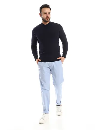 Hips Length Slip On Regular Fit Knitted Navy Blue Pullover 