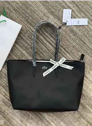 Lacoste Women's Concept Fashion Versatile Large Zipper Tote Bag Tote Bag Shoulder Bag Large Size Black 