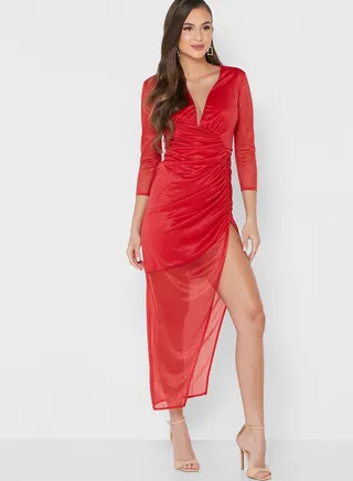 Asymmetrical Hem Plunge Neck Dress 