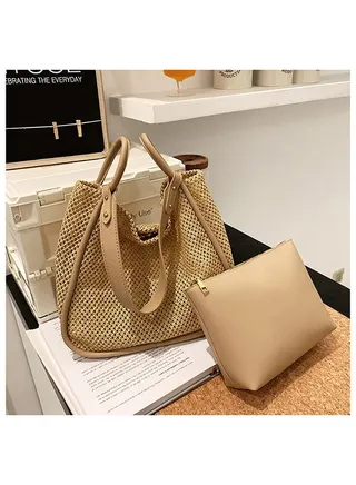 Women'S Color Contrast Straw Woven Bag Large Capacity Handbag Tote Personalized Commuter Bag Summer Beach Shoulder Bag 