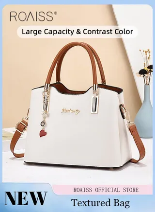 Simple Contrast Color Handbag for Women PU Leather Large Capacity Multi-laminated Tote Bag Hardware Accessories Shoulder Crossbody Bag for Mother and Wife Ideal for Birthday Gifts or Ramadan 