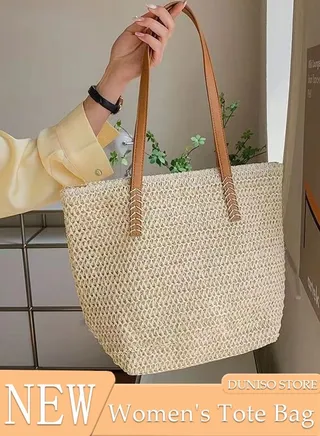 Women's Shoulder Tote Bag Straw Design Handbag For Women Large Capacity Bucket Bag Fashionable Travel Messenger Shoulder Bag for Ladies Girls College Students 