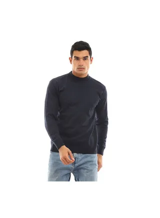 Plain-Basic High Neck Long Sleeve Pullover Blue 