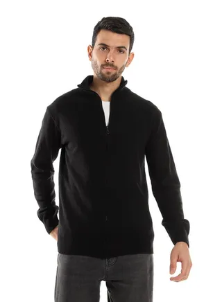 Zipper Through Neck Black Sweater 