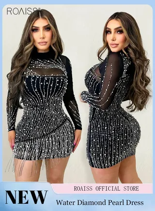 Fashion Pearl Rhinestone Dress Women Party Tassel Mesh Hip Cover Bodycon Dress 