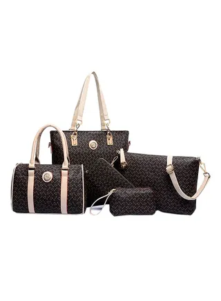 5-Piece Geometric Pattern Tote Handbag Set Brown 