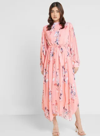Printed Pleat Detail Fit & Flare Dress 