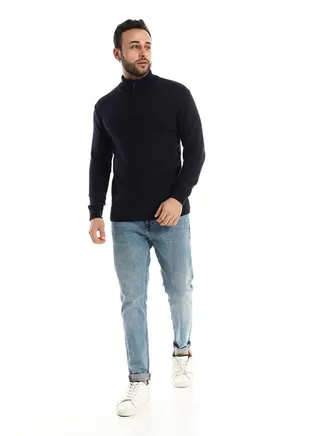 Hips Length Knitted Zipper Closure Navy Blue Sweater 