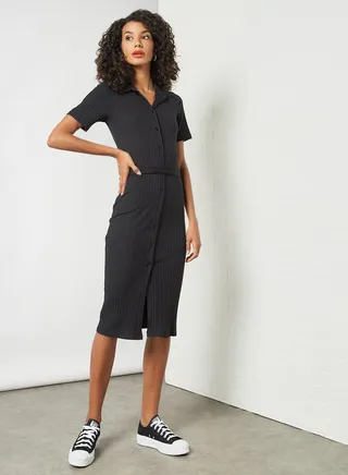 Button Down Midi Dress Black 