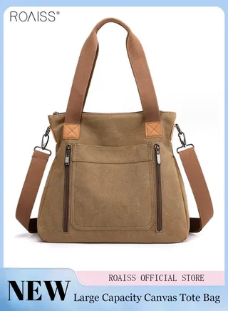 Women's Fashion Canvas Tote Bag Large Capacity Multi Pocket Handbag Hardware Practical Fabric 