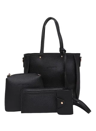 4 Piece Leather Tote Bag Set Black 