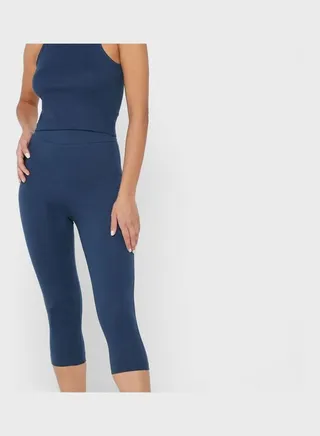 Essential Solid Pattern Cropped Leggings Navy Blue 