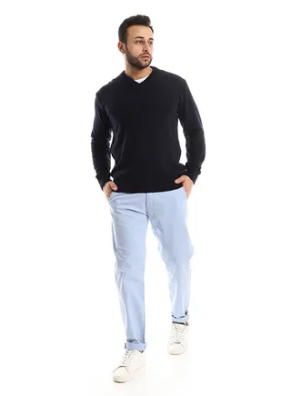 V-Neck Navy Blue Long Sleeves Pullover 