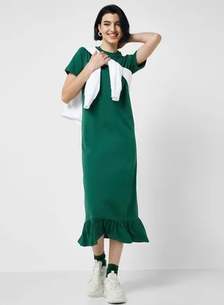 Crew Neck Dress With Peplum 