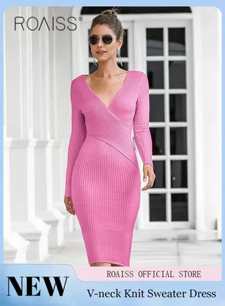 Women Knitted Long Sleeved Dress V Neck Design, Slim Waist, Women Retro-Style Long Dress, Solid Color Design, Comfortable And Skin Friendly Fabric 
