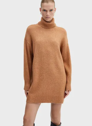Turtle Neck Ribbed Hem Dress 