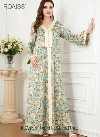 Ramadan Women Muslim Dress V-Collor Embroidery Evening Party Gown Bell Sleeve Long Dresses Party Robe Women Embroidery Islamic Dresses 