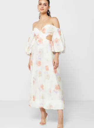 Printed Bardot Cut Out Dress 