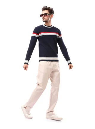 Slip On Navy Blue Round Neck Patterned Pullover_Navy Blue 