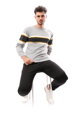 Patterned Grey Slip On Round Neck Pullover_Grey 