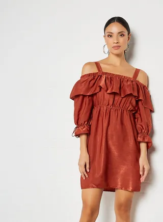Ruffle Detail Off-Shoulder Dress Brick 