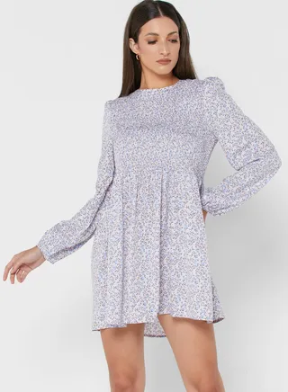 Balloon Sleeve Shirred Dress 