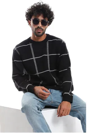 Windowpane Pattern Round Collar Knit Pullover _ Black & Grey 