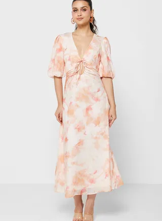 Printed Plunge Neck Dress 
