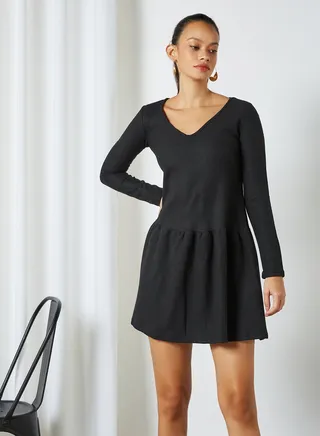 Flared Hem Mini Dress Black 