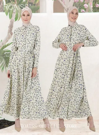 Women's Dress Simple Floral Long-Sleeve Long Dress Sweet Temperament A-Line Version Shirt Dress for Women Ladies 