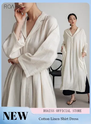 Women's Casual Cotton Linen Dress Classic Lapel V-Neckline Loose Long Sleeved Side Slit Fashion Dress 