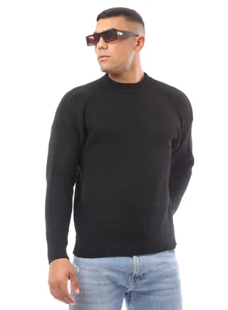 Knitted Black Acrylic Mock Neck Pullover 