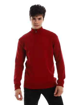 Zipped Neck  Knitted Sweater - Burgundy 