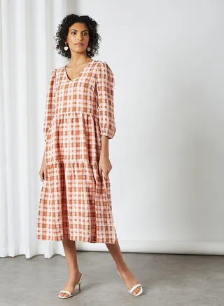 Tiered Checked Dress Mellow Rose 
