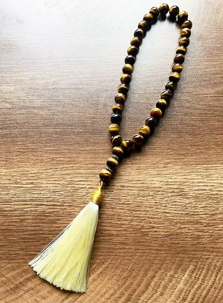 33 Count Prayer Beads Yellow Tiger Eye White Tassel 