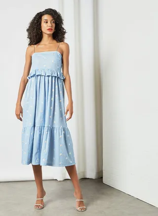Sparkly Floral Print Midi Dress Blue 