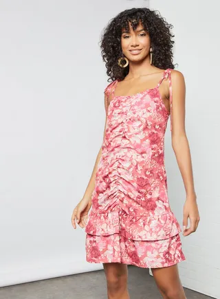 Ruched Floral Print Dress Pink 