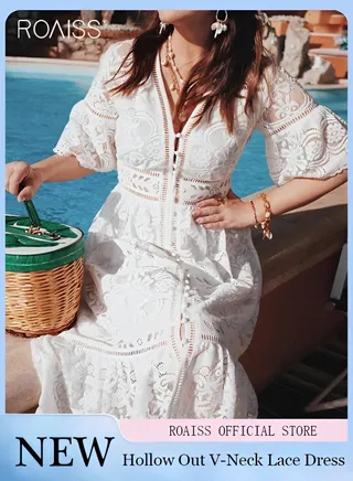 Women's Lace Hollow Vacation Dress Single Breasted V-Neck Ruffled Waist A-Line Dress Gentle And Sweet Beach Dress 