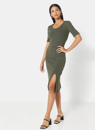 Ribbed Midi Dress Khaki 