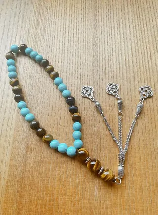33 Count Prayer Beads Turquoise and Yellow Tiger Eye 