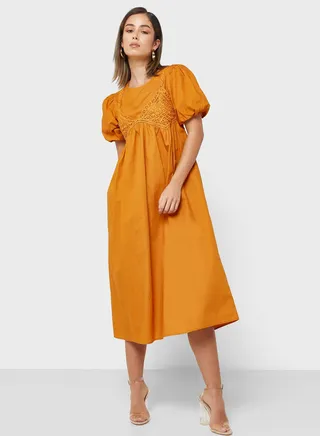 Balloon Sleeve Crew Neck Dress 