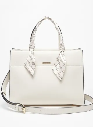 Women's Solid Tote Bag with Magnetic Closure and Scarf Detail 