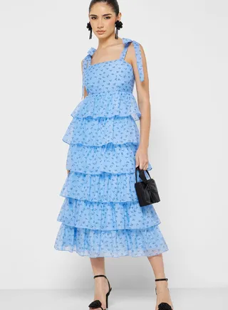 Square Neck Tie Detail Ruffle Dress 