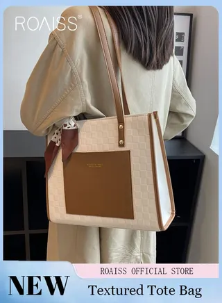 Women Leather Two Tone Tote Bag Ladies Geometric & Letter Embossed Twilly Scarf Decor Shoulder Tote Bag Women's Large Capacity Commuter Shoulder Bag 