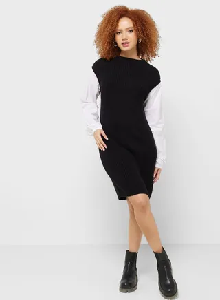 Color Block Knitted Shirt Dress 