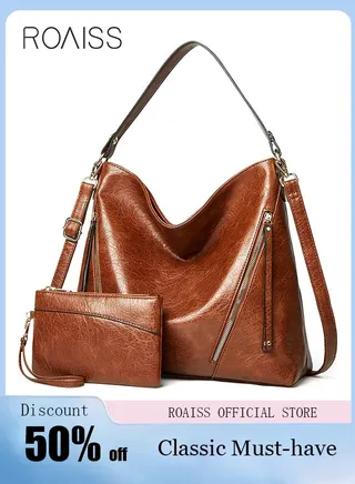 2-Piece Large Capacity Tote Bag Shopping Handbag Travel Crossbody Bag With Wallet Set Dark Brown 