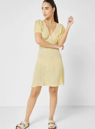 Pleated V-Neck Dress 