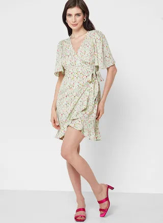 Floral Printed Ruffle Detail Wrap Dress 